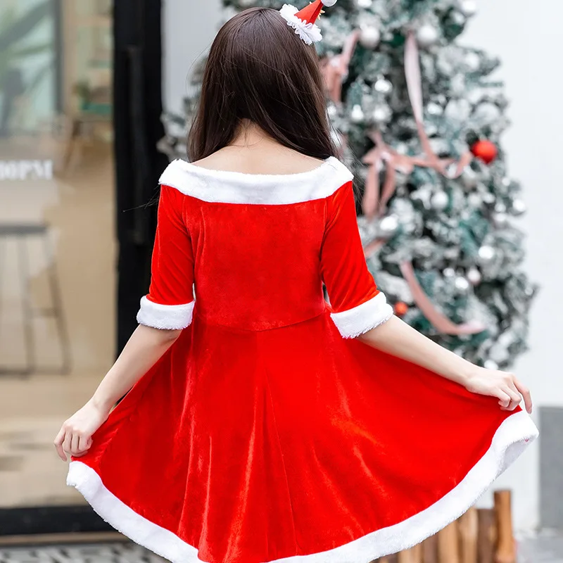 Рождественский костюм женское красное бархатное сексуальное платье с открытыми