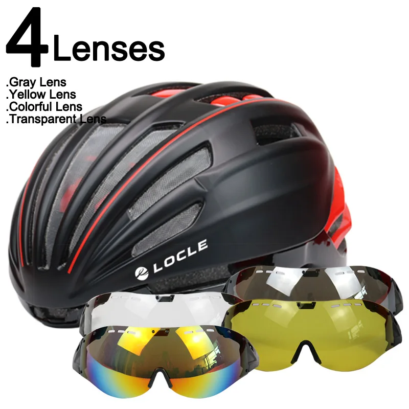 LOCLE Goggles велосипедный шлем двухслойный дорожный горный велосипедный шлем с линзой ультралегкий Casco Ciclismo велосипедный шлем 55-61 см - Цвет: Black Red 4 Lenses