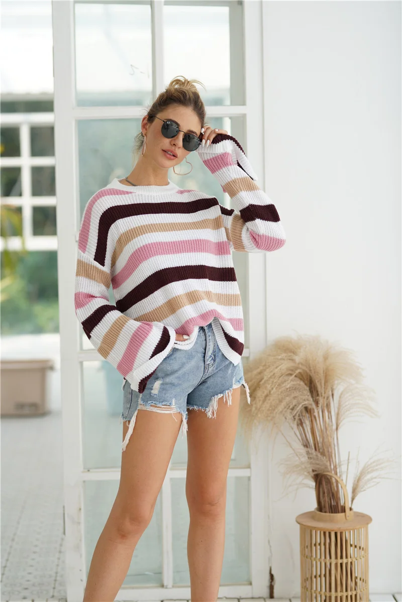 Женский свитер в радужную полоску Fitshinling разноцветные зимние свитера с