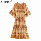 Женское винтажное богемное платье макси, длинное пляжное платье с цветочным принтом, рукавом летучая мышь, V-образным вырезом и бахромой в стиле бохо