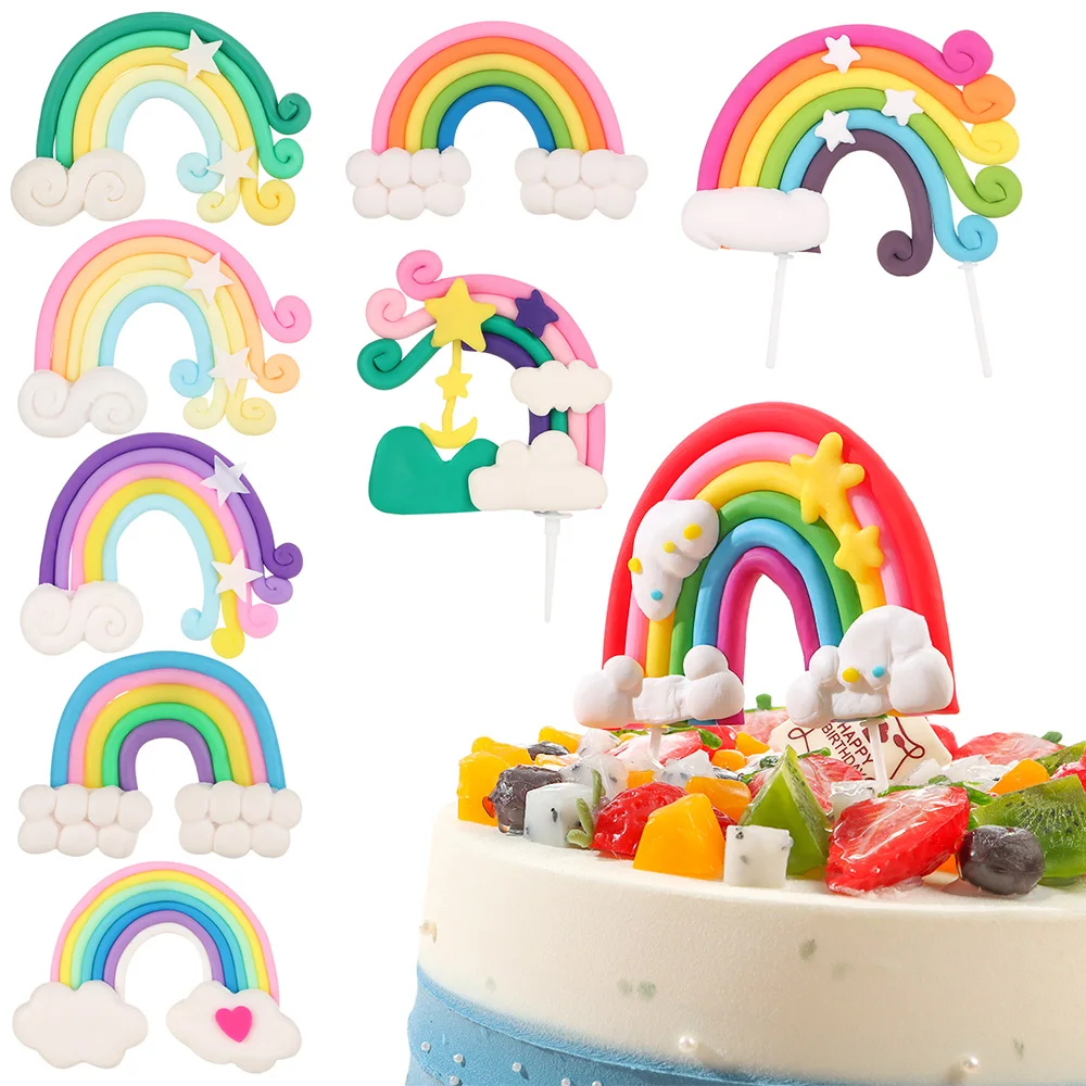 

Multicolor Rainbow Style Cloud Pattern Cake Topper Soft Clay Made Cupcake Decor for Birthday Wedding