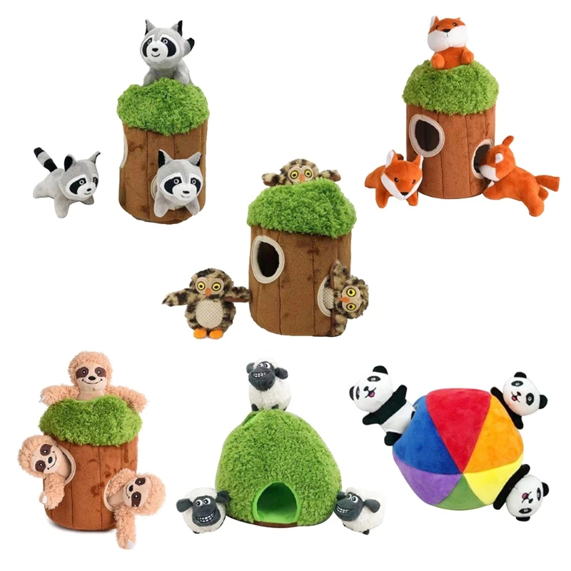 

4 Pcs Creative Creaking Plush Pet Toy Fun Hide Seek Dog Toy Stuffed Animal Tree Hole Toy Pet Safe Non-toxic Burrow Toy