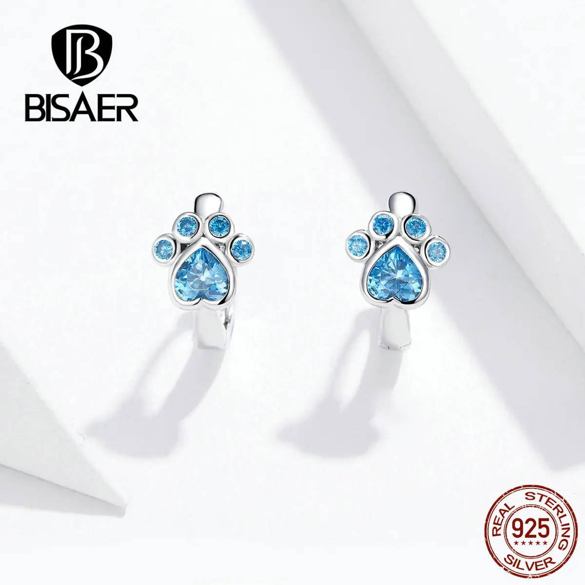 BISAER, синие циркониевые серьги, 925 пробы, серебряные, крошечные серьги-кольца в виде лапы для женщин, девочек, детей, модные ювелирные изделия, подарки на день рождения, GXE670