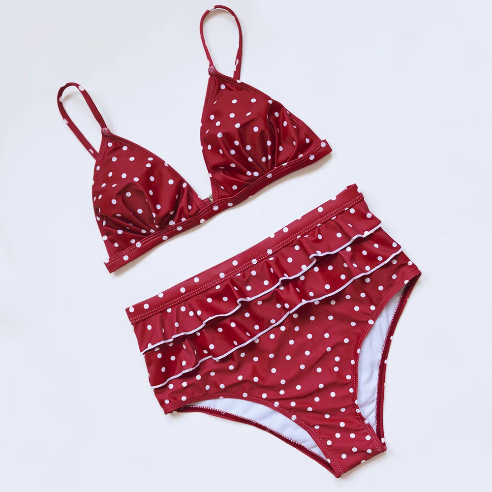 

Swimsuit Woman Sexy Retro Red And White Polka Dot High Waist Bikini Suit 2021 Ruffled Push-Up Swimsuit Women Swimwear