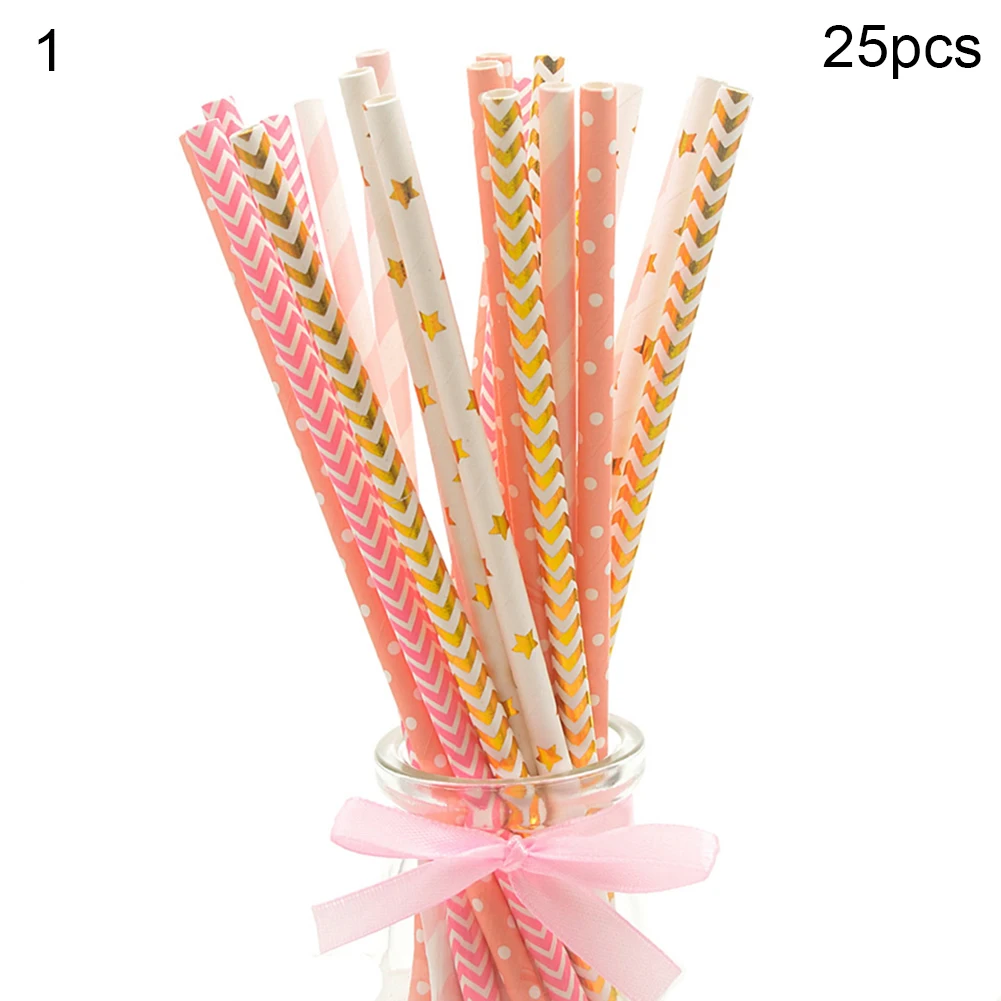 25Pcs Disposable Star Dot Stripe Paper Straws Kids Birthday Wedding Decoration | Дом и сад
