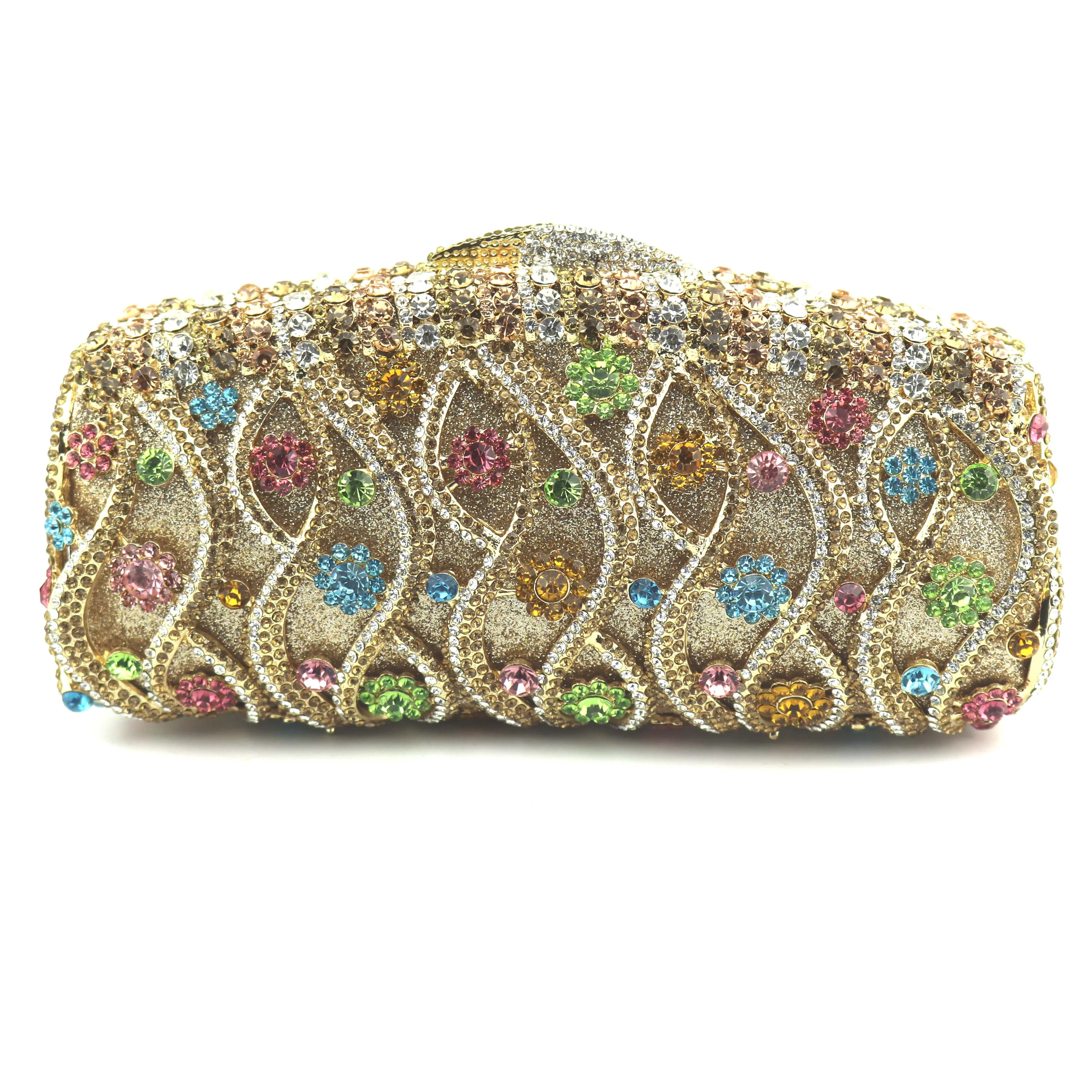 

Multi Flower Rose Women Mini Crystal Evening Minaudiere Bag Metal Hardcase Wedding Party Clutch Handbag Purse