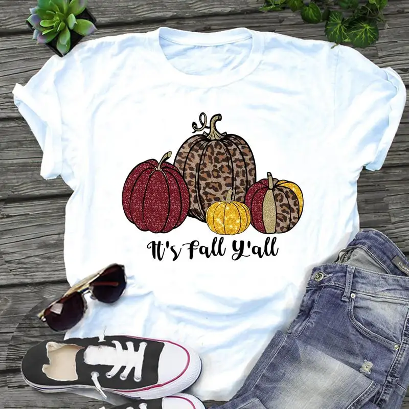

Футболка женская с леопардовым принтом, Милая футболка с графическим принтом тыквы, Хэллоуин, День благодарения, топ на осень и зиму
