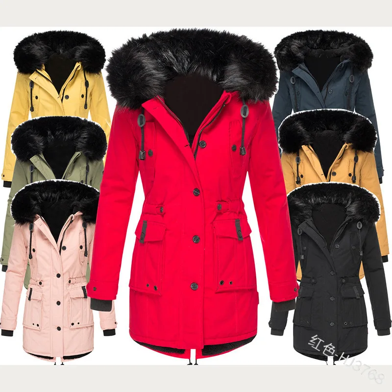 

WomenWinter Cotton Clothes Overcoat Keep Warm Coat Casual Long Sleeve Jacket Solid Color Fur Collar Hooded Padded Jackets