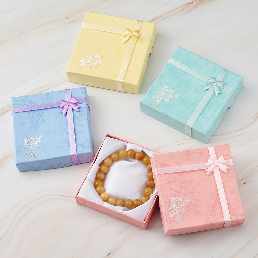 6pcs Square Cardboard Bracelet Gift Boxes Flower Pattern Bracelet Storage Organizer Box Mix Color 9x9x2cm With Sponge