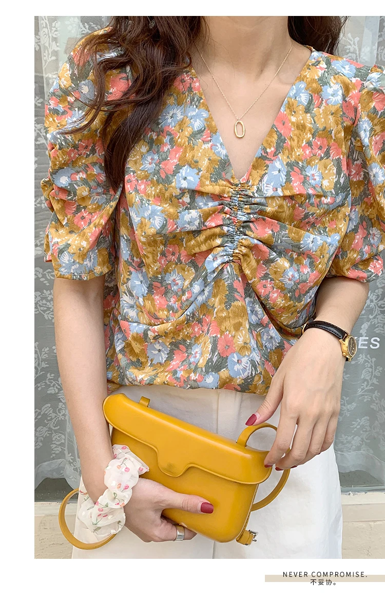 

French Style V Neck Floral Puff Short Sleeve Chiffon Blouses for Women S M L