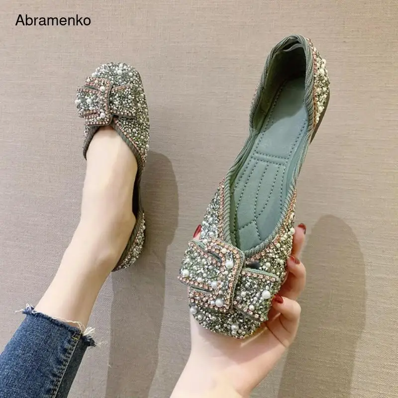 

Ballet Shoes For Women Sequined Leather Shoes Female Bow Pearl Rhinestone Flat Shoes Women Flats Round Toe moccasins Size 35-39