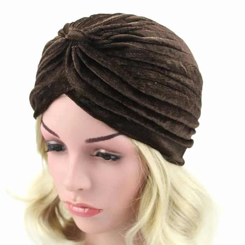 STYLE 2 velvet brown Индийская женская шапка-тюрбан с блестящим серебристым золотым узлом, осенне-зимний теплый головной убор, Повседневная Уличная Женская индийская шапка - Цвет: STYLE 2 velvet brown