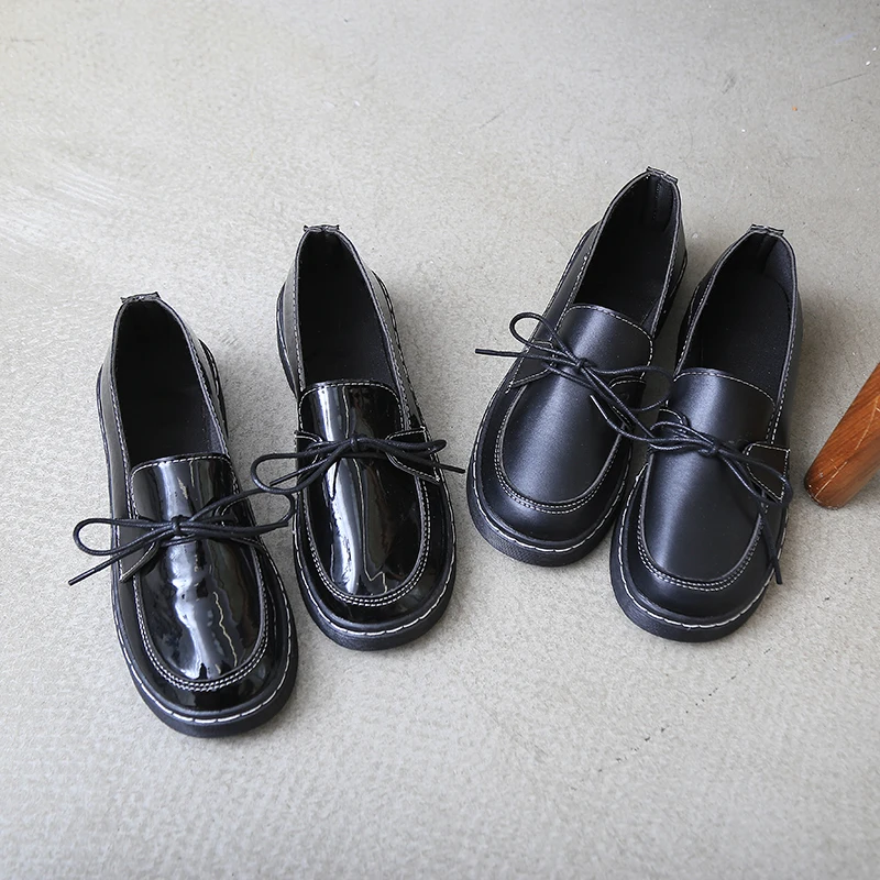 

Solid Black Leather Oxfords Women Shoes Loafers Sewing Flats Ladies Shoes Slip on Cross Tie Thick Bottom Platform Shoes Woman