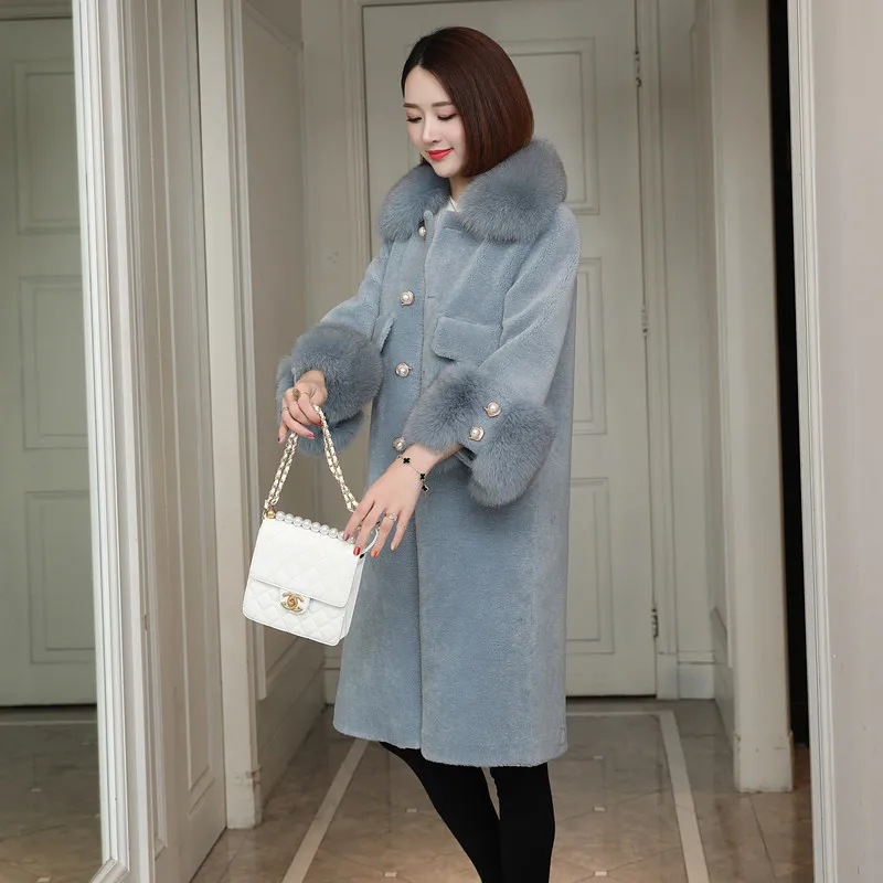 

real coat, women's clothing, 2020, winter sheep haircut, wool jacket, fox collar, long, Korean, plus size, fur