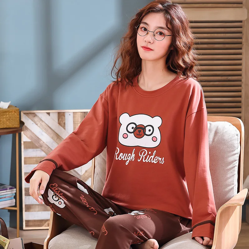 

Long Sleeves Long Pants Pyjama Soft Sweet Pijama Cute Casual Sleepwear Cotton Nightwear 2PC Cartoon Printed Women's Pajamas