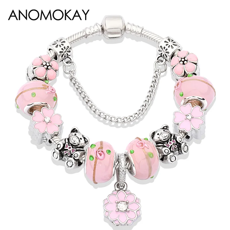 Pink Flower Bracelet Anomookay Романтический розовый эмалированный цветок Сделай Сам браслет из бусин розовый животный завод очаровательные браслеты и Рождественский подарок для браслетов ювелирные изделия - Окраска металла: Pink Flower Bracelet