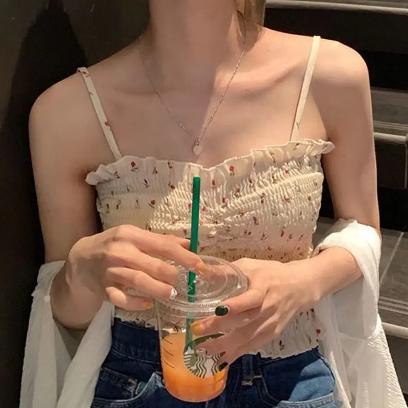 

FAKUNTN Woman Vest Strap Sleeveless Elastic Waist Broken Flower Print Floral Tank Top Chic Fashion Slim Short Vest Office Lady