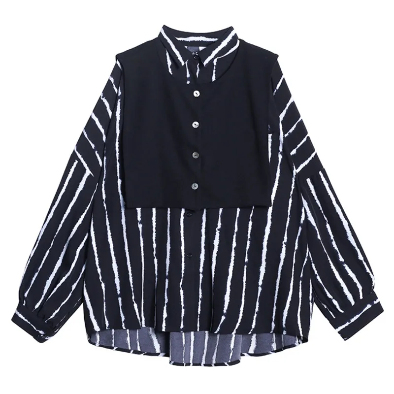 

XUXI Women Shirt Vertical Stripes Printing Splicing Blouse Fashion Long Sleeve Vintage Chemise Femme Autumn 2020 FZ3392