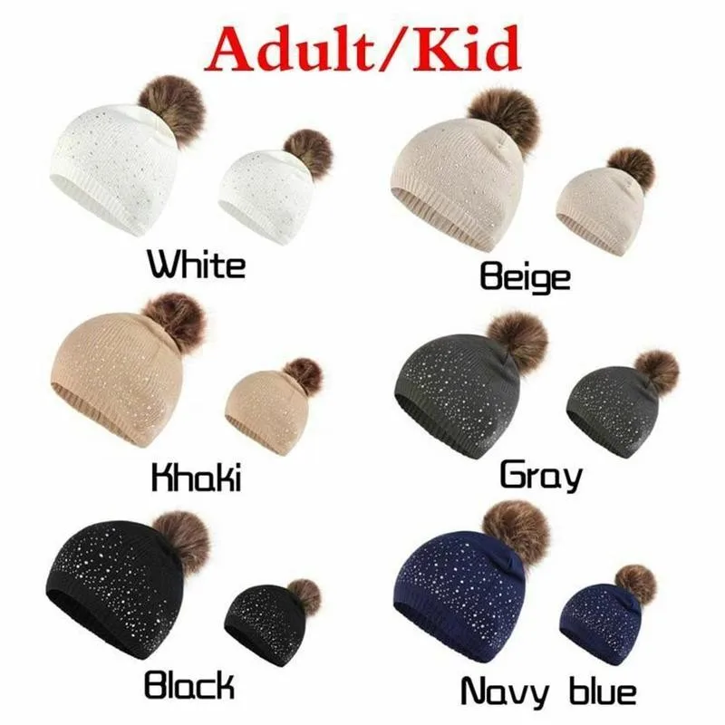 

Adult Baby Kids Winter Hats Girls Boys Knitting Wool Hat Winter Hemming Cap Hairball Keep Rhinestone Hat Warm Kids Q4D2