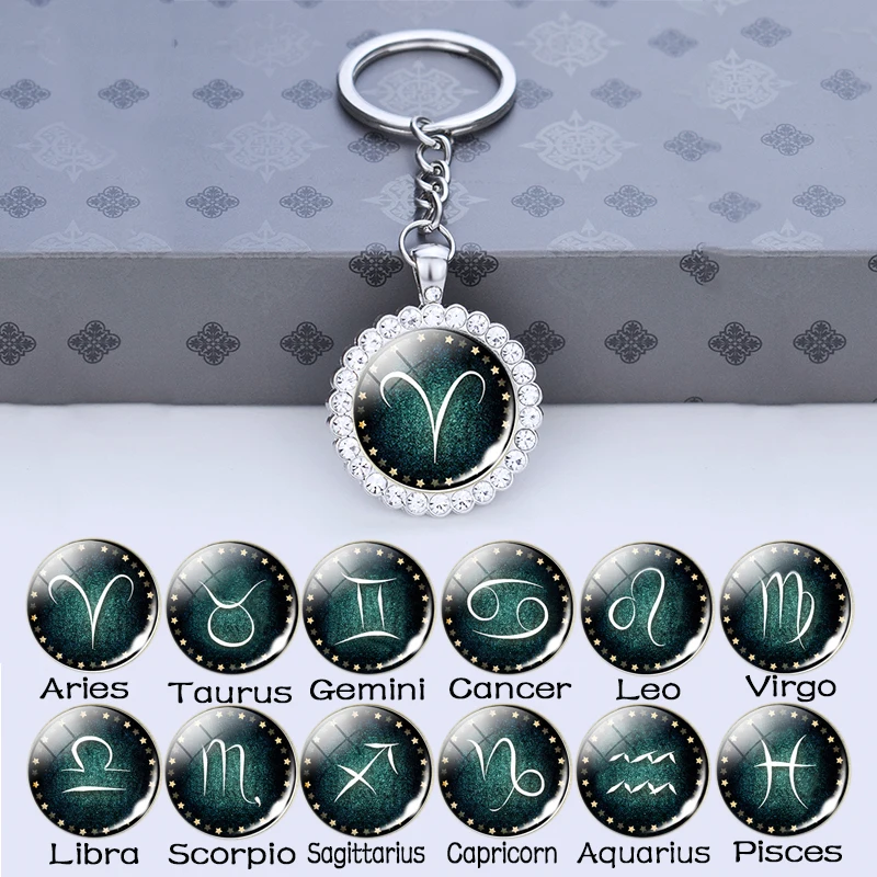 

Zodiac Keychain Jewelry Trinket Shiny Rhinestone Pendant Keyring Scorpio Leo Aries Virgo Constellation Keyholder Birthday Gift