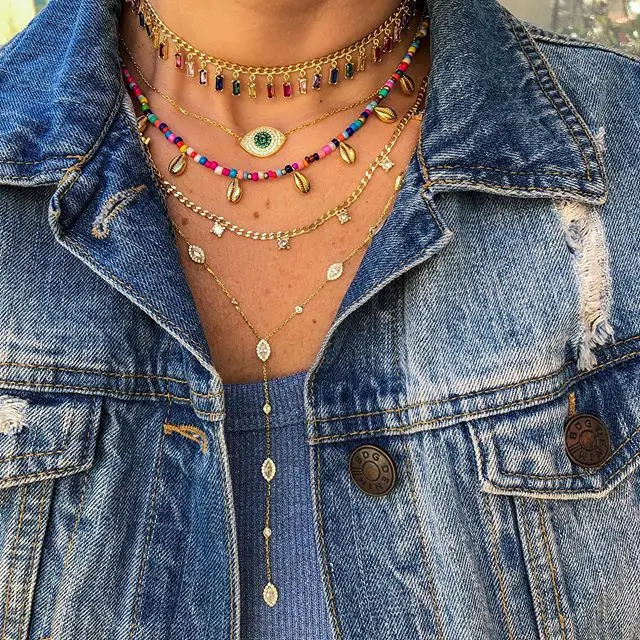 

Fashion gold silver color Colorful rainbow Handmade baguette CZ stone Chain Chokers for Women Charming Party necklaces Jewelry