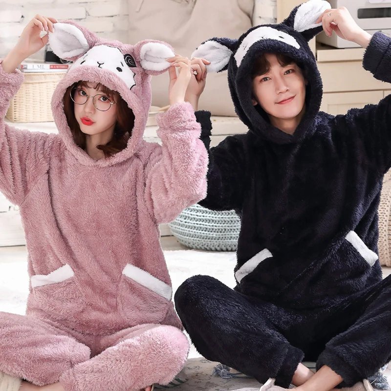 Mengyunian Winter Lovers Thickened Flannel Pajamas Set Men's And Women's Coral Velvet Cartoon Plush Home Clothes pajama set