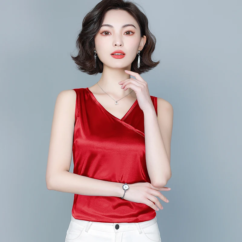 

Korean Women Blouses Blouse Shirts for Woman Solid Satin Blouse V-Neck Chiffon Sleeveless Blouse Womens Tops Blouse Women
