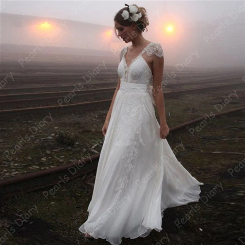 Изящные кружевные свадебные платья из шифона 2020 с v образным вырезом и рукавами