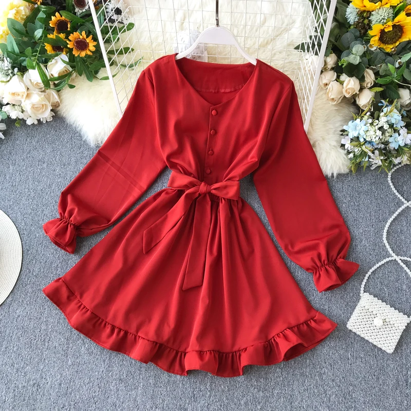 2019 Новое весенне осеннее однотонное платье с v образным вырезом и длинными