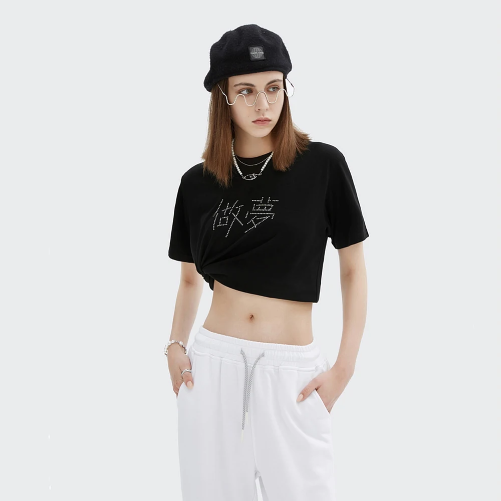 

Dark Icon Iron Letters Cropped T-shirt Short Sleeve 2021 Summer Loose Street Dance Women Tshirts Cotton Tee