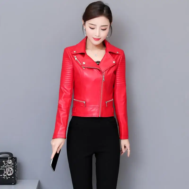 

Fashion Women's Leather Jacket 2022 New Spring Black Female Leather Clothing Short Slim Motorcycle Women Leather Coat Red