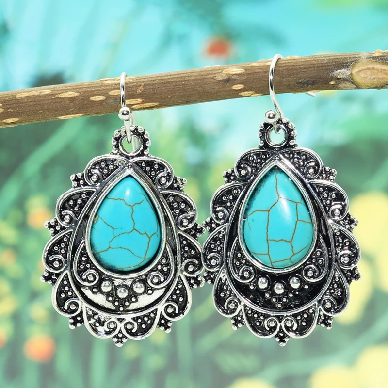 

Hook Ear Carved Pattern Jewelry Gift Vintage Bohemia Turquoises Drop Earrings for Women Ancient Silver Color Dangle Earrings