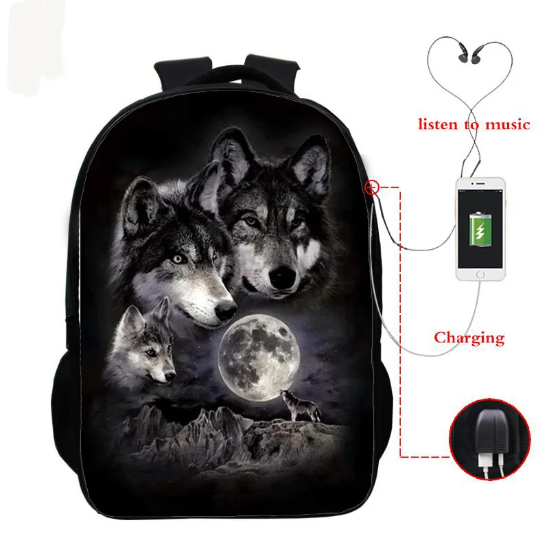 3D Животное Лев Волк Рюкзак USB Зарядка Холст Рюкзак Ноутбук Ранец для мальчиков девочек Школьная сумка Книжная сумка Мочилас.
