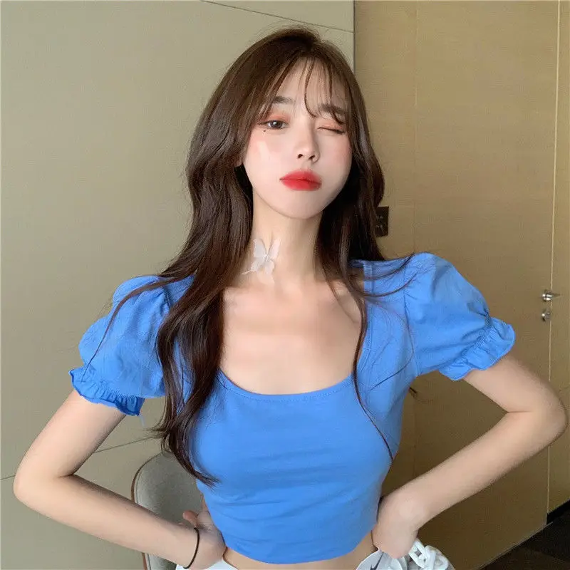 

Harajuku Summer Solid T Shirt For Women Blue White Tees & Tops Female Lady Clothing Puff Sleeve Rose Red Fashion T-shirts S-XXL