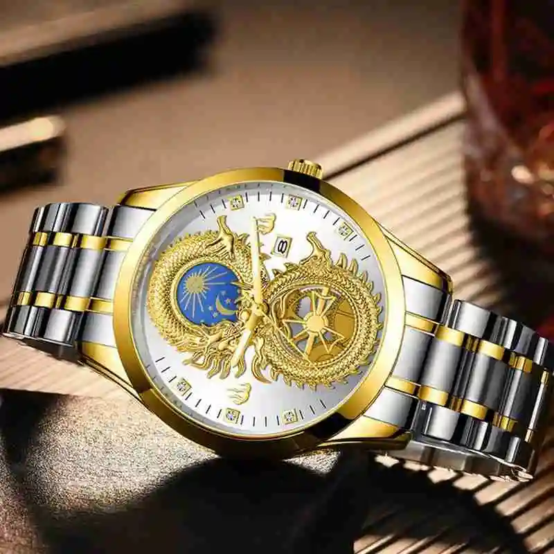 

Watch Men Quartz Watches Luminous Water Resistant Moon Stars Calendar Dragon Luxury Business Wristwatches Reloj Mujer
