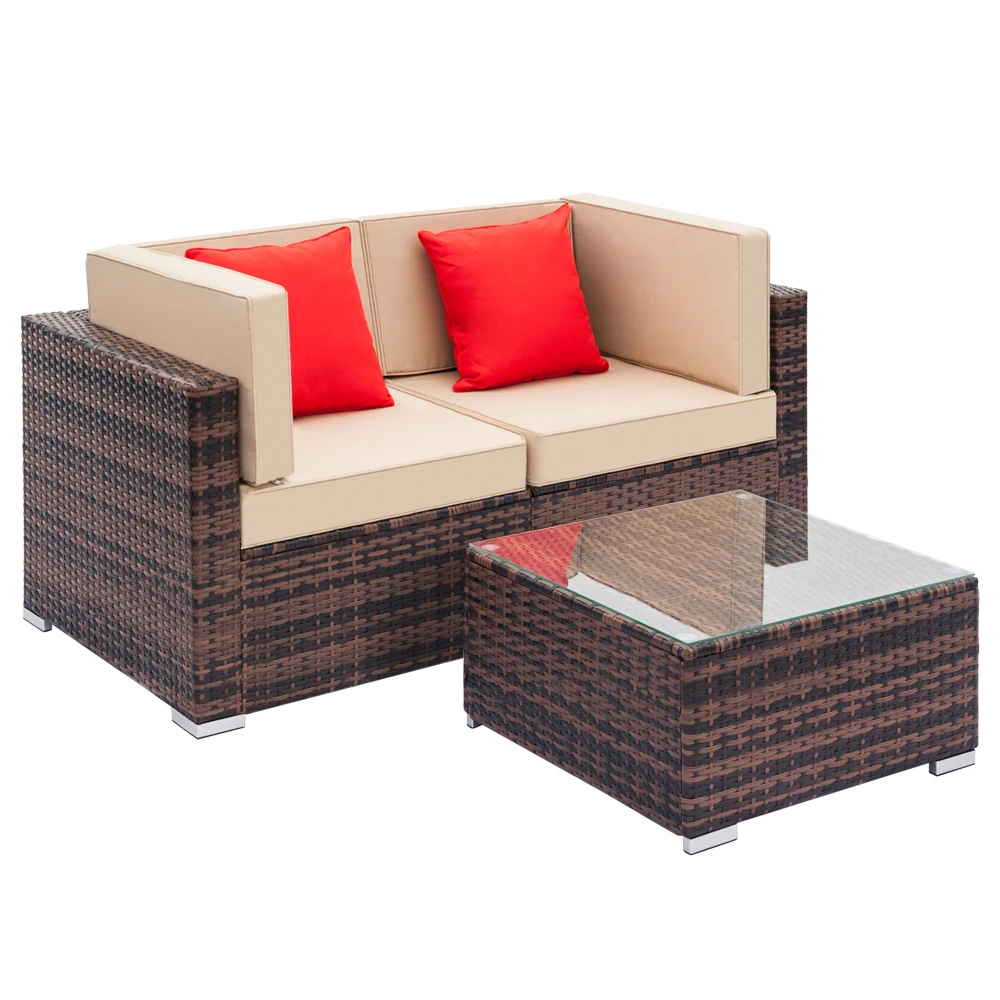 

【USA READY STOCK】Weaving Ratt Fully Equipped Weaving Rattan Sofa Set with 2pcs Corner Sofas & 1 pcs Coffee Table Brown Gradient