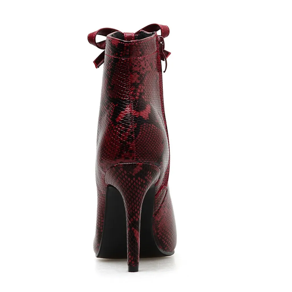 

Snakes Women Ankle Boots Stiletto PU Leather Low Heels Shoes Woman Booties Bow High Heels Size 35-40