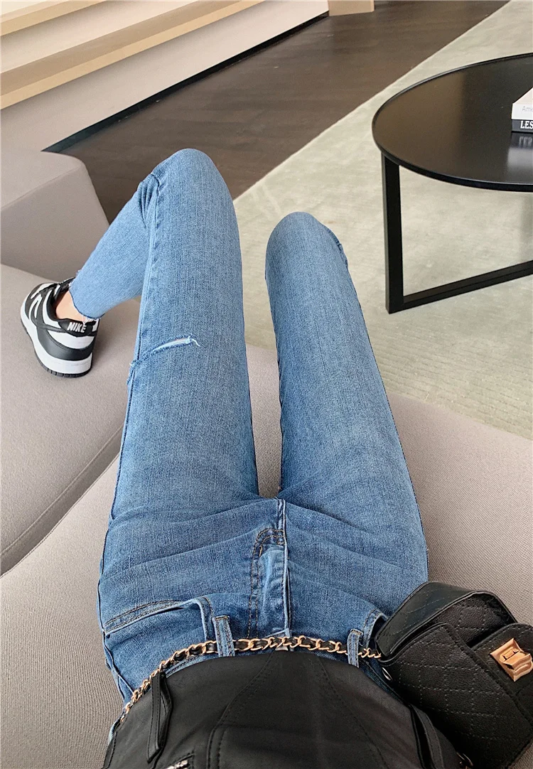 

Real shot 2021 new fashion personality small feet jeans women's slim stretch nine-point jeans