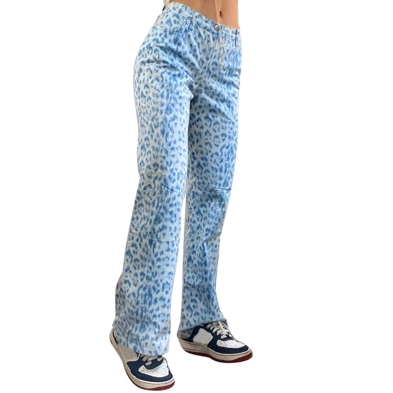 

Women High Waist Blue Leopard Trousers Wide Leg Flared Bell Bottom Hip Hop Pants