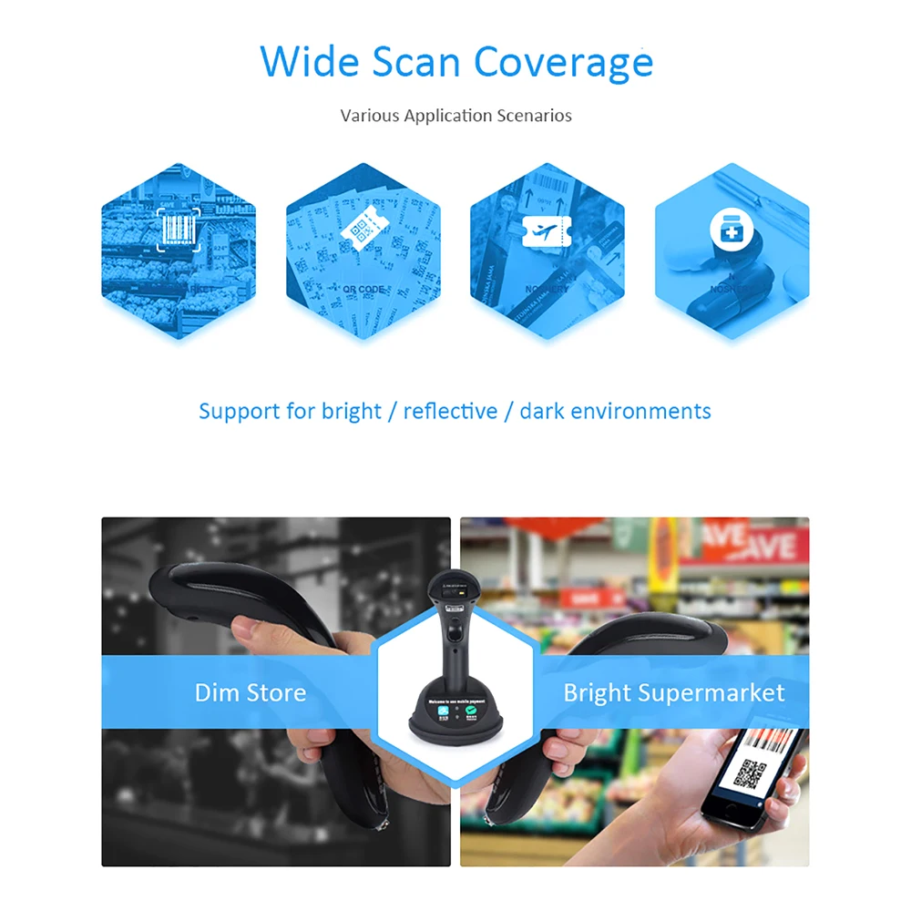 Беспроводной сканер штрих кода RF1000G ручной Wechat считыватель для мобильного