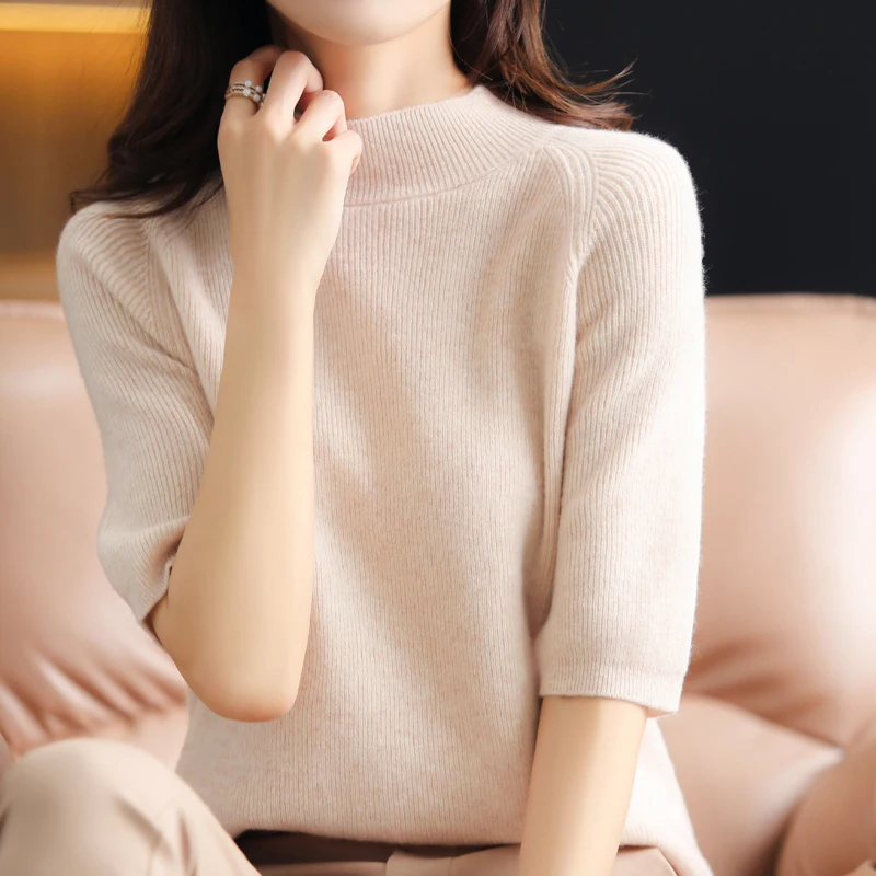 Женская кашемировая Вязаная футболка с коротким рукавом и воротником-стойкой