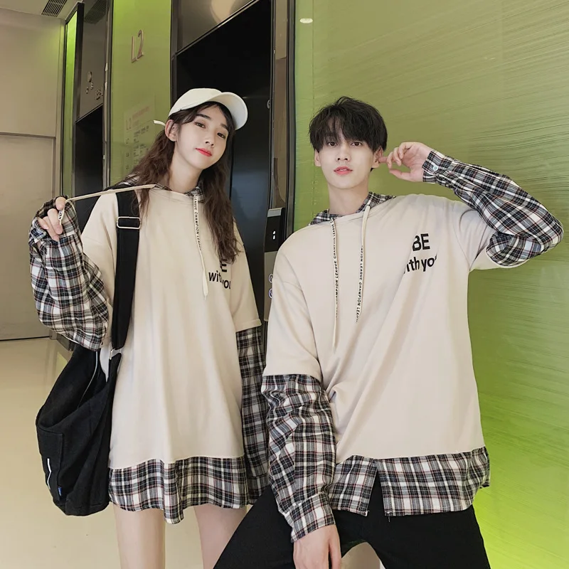

Kpop College School Korean Fashion Style Young Pair Lovers Women Outfit Wear Hoodies Sweatshirt Check Sport Clothes