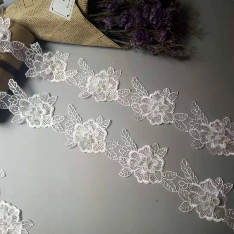1 ярд 10 см белые хлопковые жемчужные цветы листья вышитая кружевная отделка лента