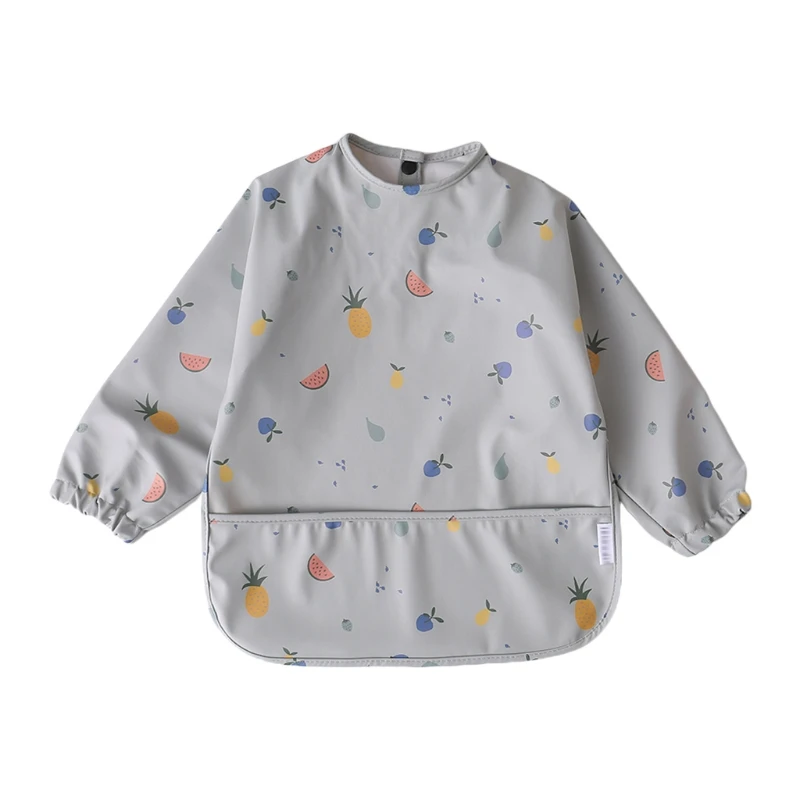 

GXMB Cartoon Printed Waterproof Bib with Pocket Baby Infants Long Sleeve Feeding Drawing Painting Apron Newborn Smock