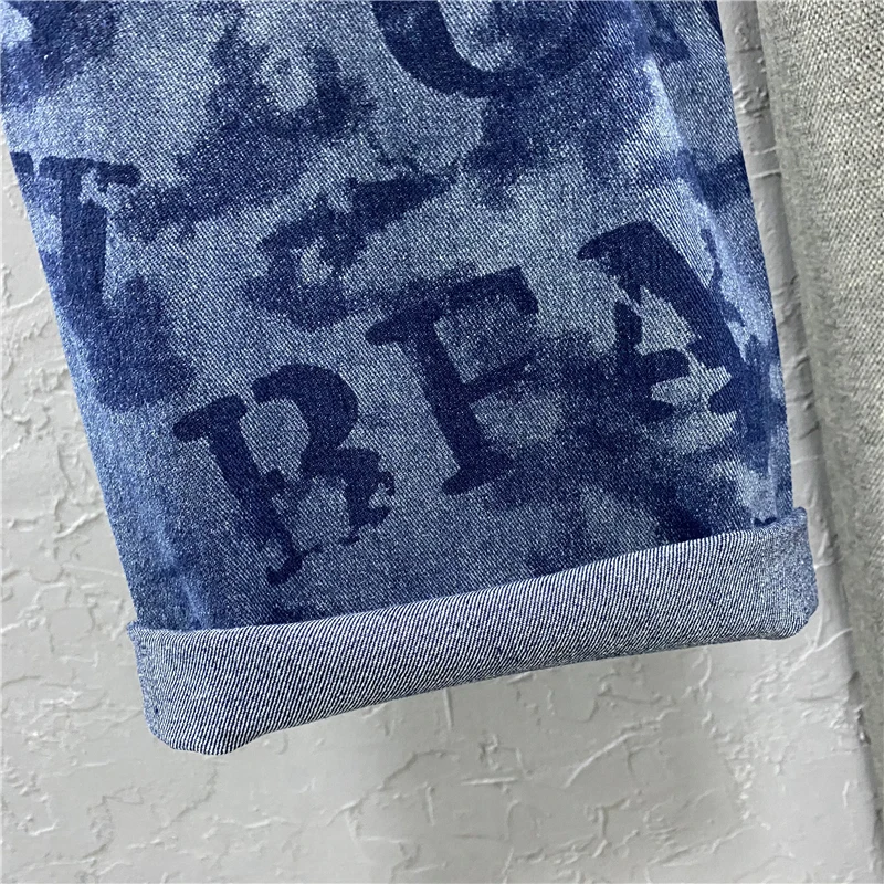 

CHICEVER Blue Letter Patterned Denim Trousers For Women High Waist Full Length Straight Korean Rolled Jeans Female 2021 Spring