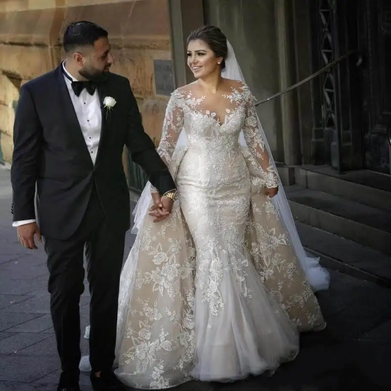 Роскошное кружевное свадебное платье 2 в 1 Vestido De Noiva иллюзионное с длинным рукавом