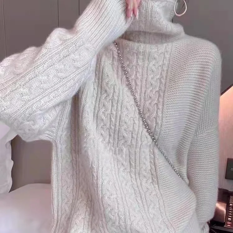 

2021 Autumn and Winter New High-neck Cashmere Sweater Women Loose Retro Pullover Twisted Wool One-piece Outer Sweater