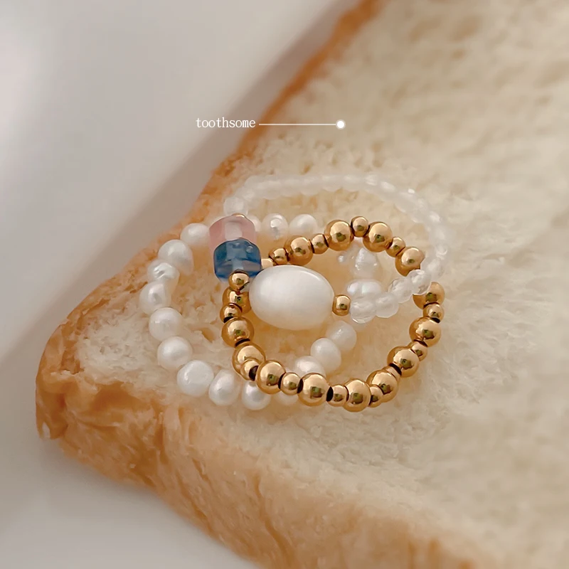 

Fashion Ins Natural Stone Beaded Ring Frashwater Pearl Ring for Women Adjustable Engagement Party Ring Romantic Handmade Jewelry