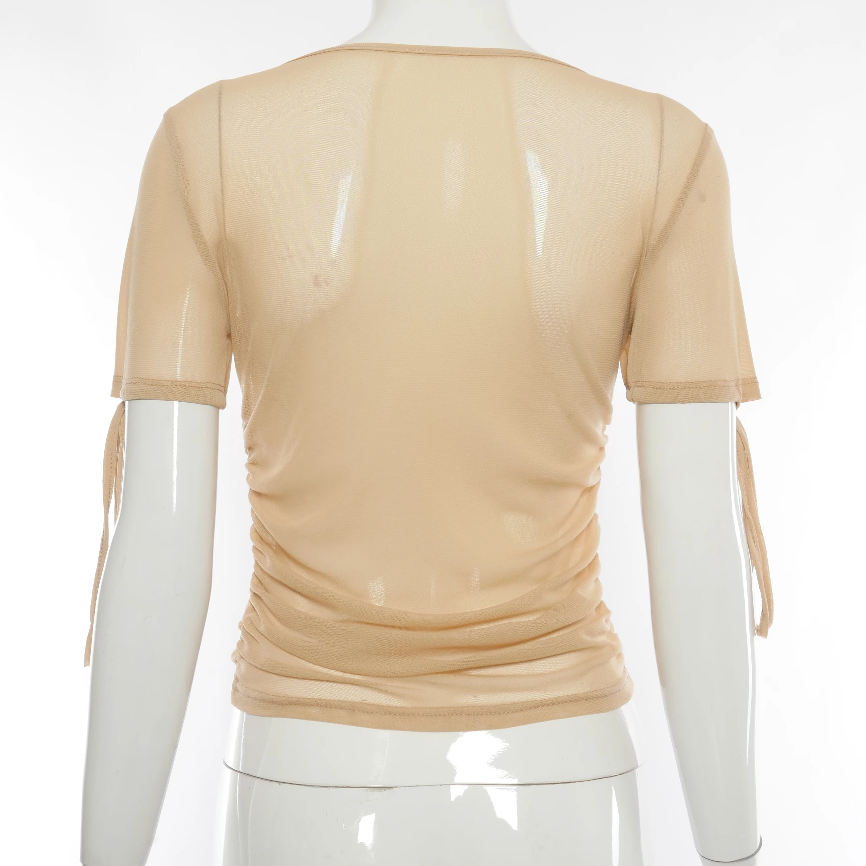 

Spring Summer Women Fashion Streetwear Tshirts Y2K Tees 2021 Short Sleeve Mesh Patchwork Sexy Ruched Crop Top