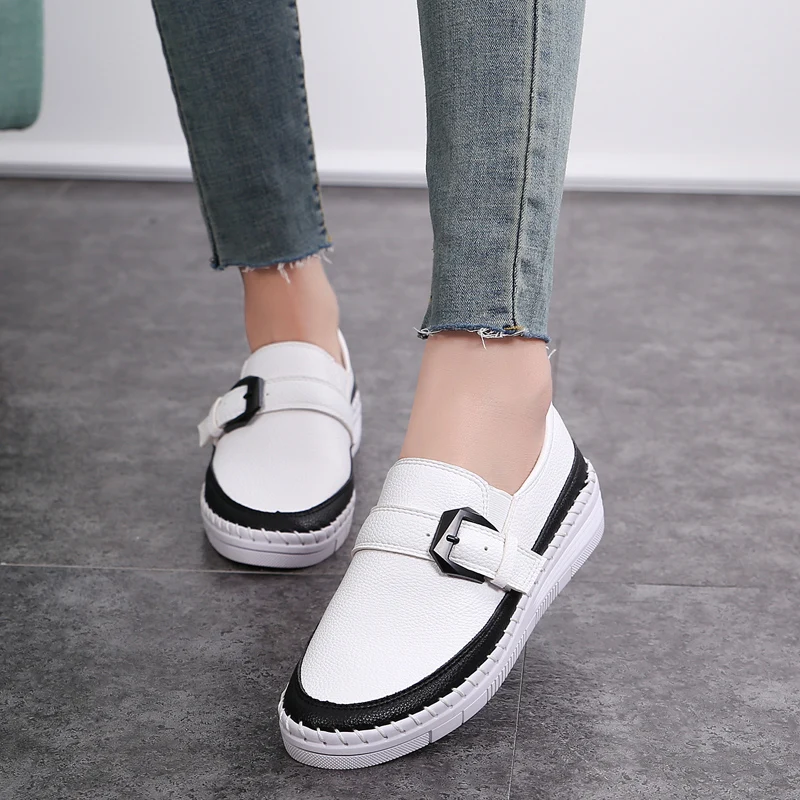 

Mixed Colors Platform Shoes Woman Leather Moccasins Buckle Strap Espadrilles Loafers Women Thick Bottomed Flats Students Shoes
